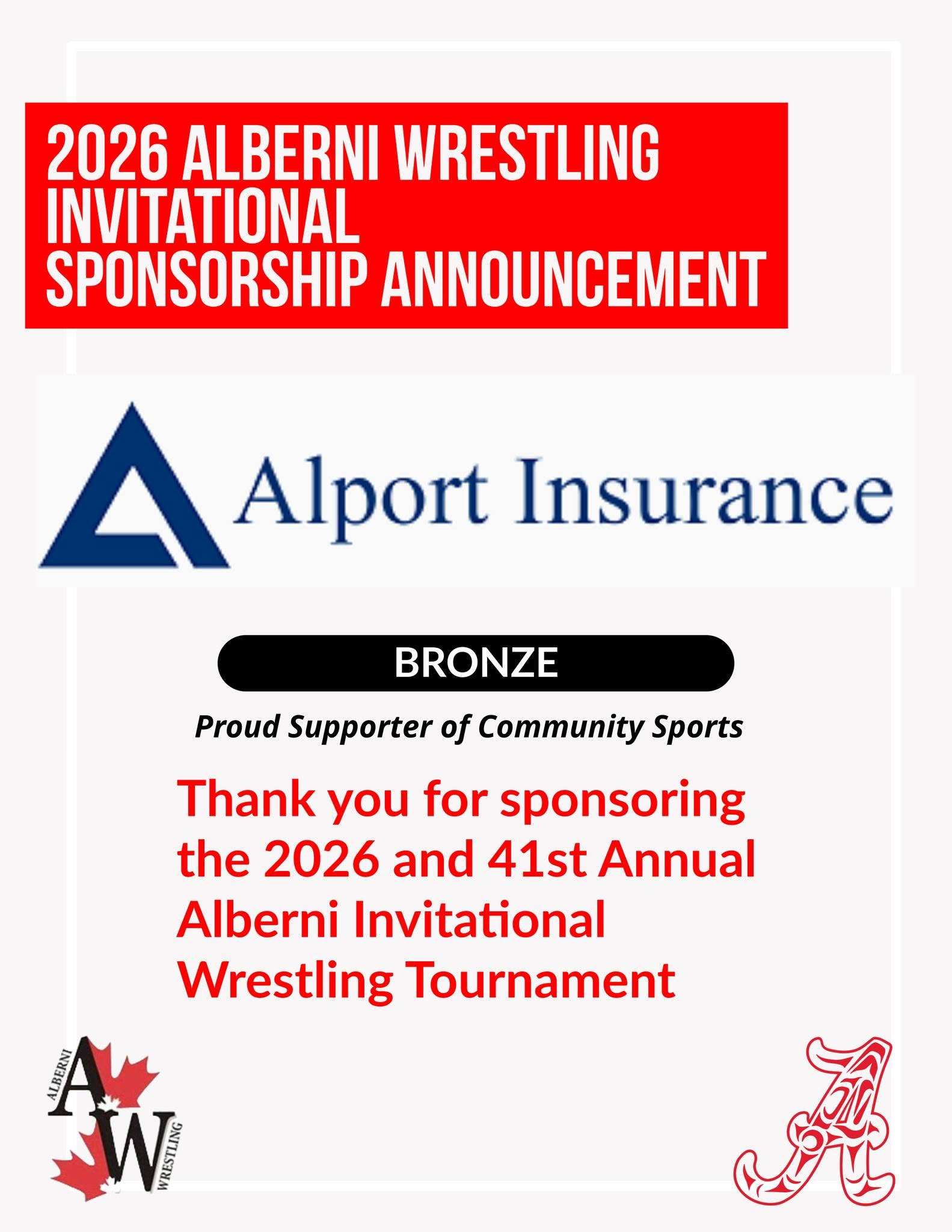 Alport Insurance Sponsoring 2026 and 41st Annual Alberni Invitational Wrestling Tournament